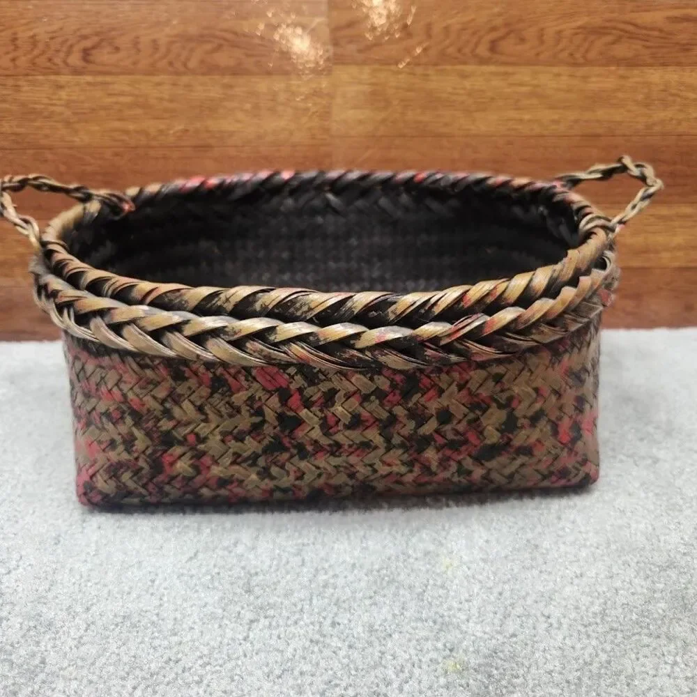 Woven Basket Rectangular Boho Farmhouse Storage Tote Handles Multicolor Rustic
